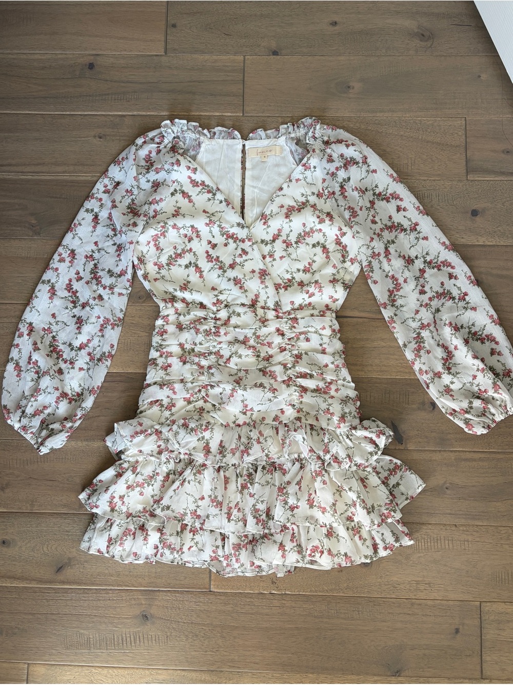 Franco white floral long-sleeve mini dress v-neck Small